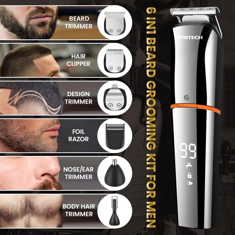 pritech Beard Trimmer for Men,6 in 1 Hair Clippers Kit, Precision Cordless Grooming Kit Waterproof IPX6 for Beard, Hair, Body, Nose, Ear, with Foil Razor (Silver) - Image 3